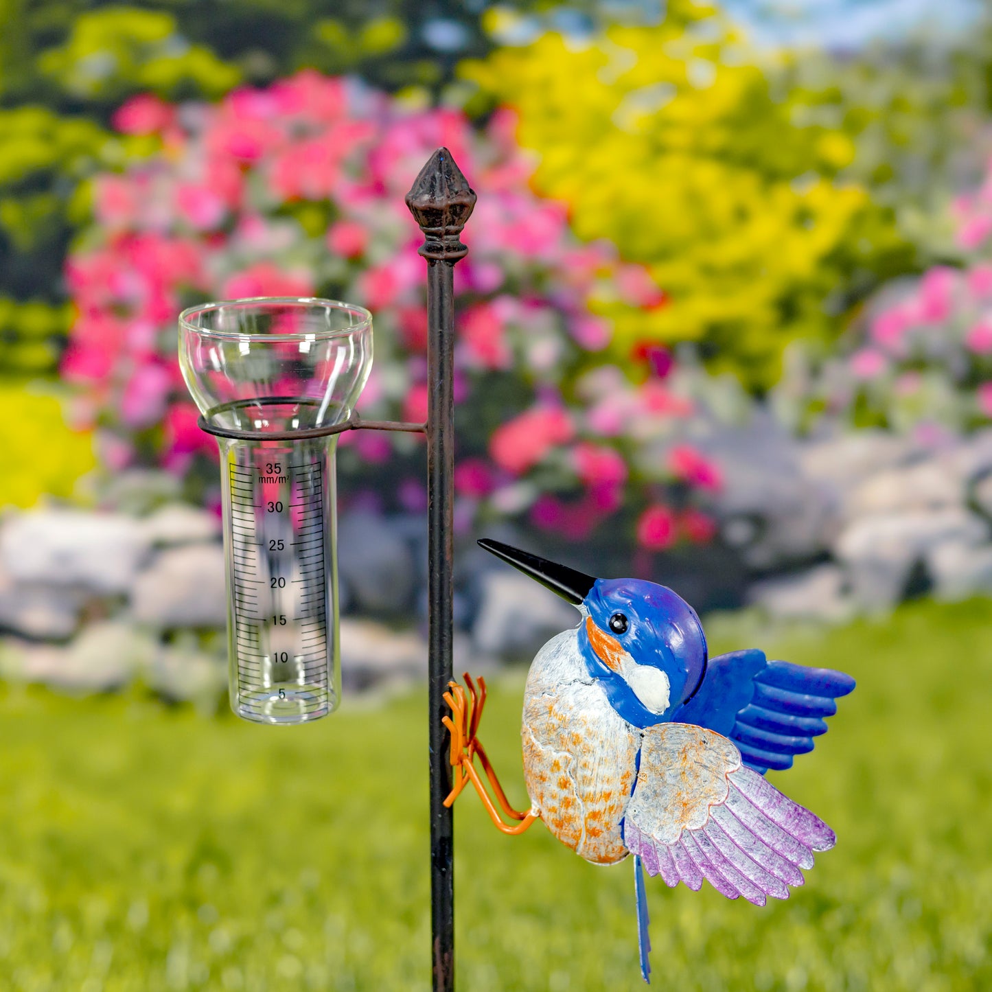 Metal Hummingbird Rain Gauge Garden Stake – 46.75" Tall Outdoor Yard Decor – Skye