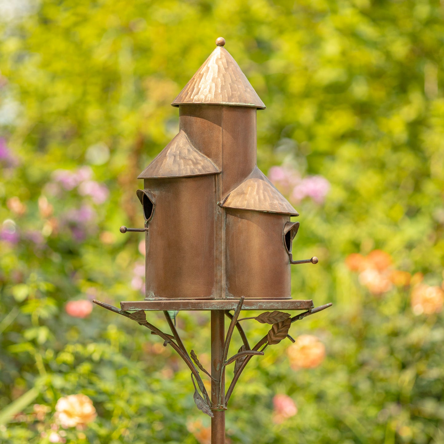 73.5” Tall Triple Cylinder Copper Birdhouse Garden Stake