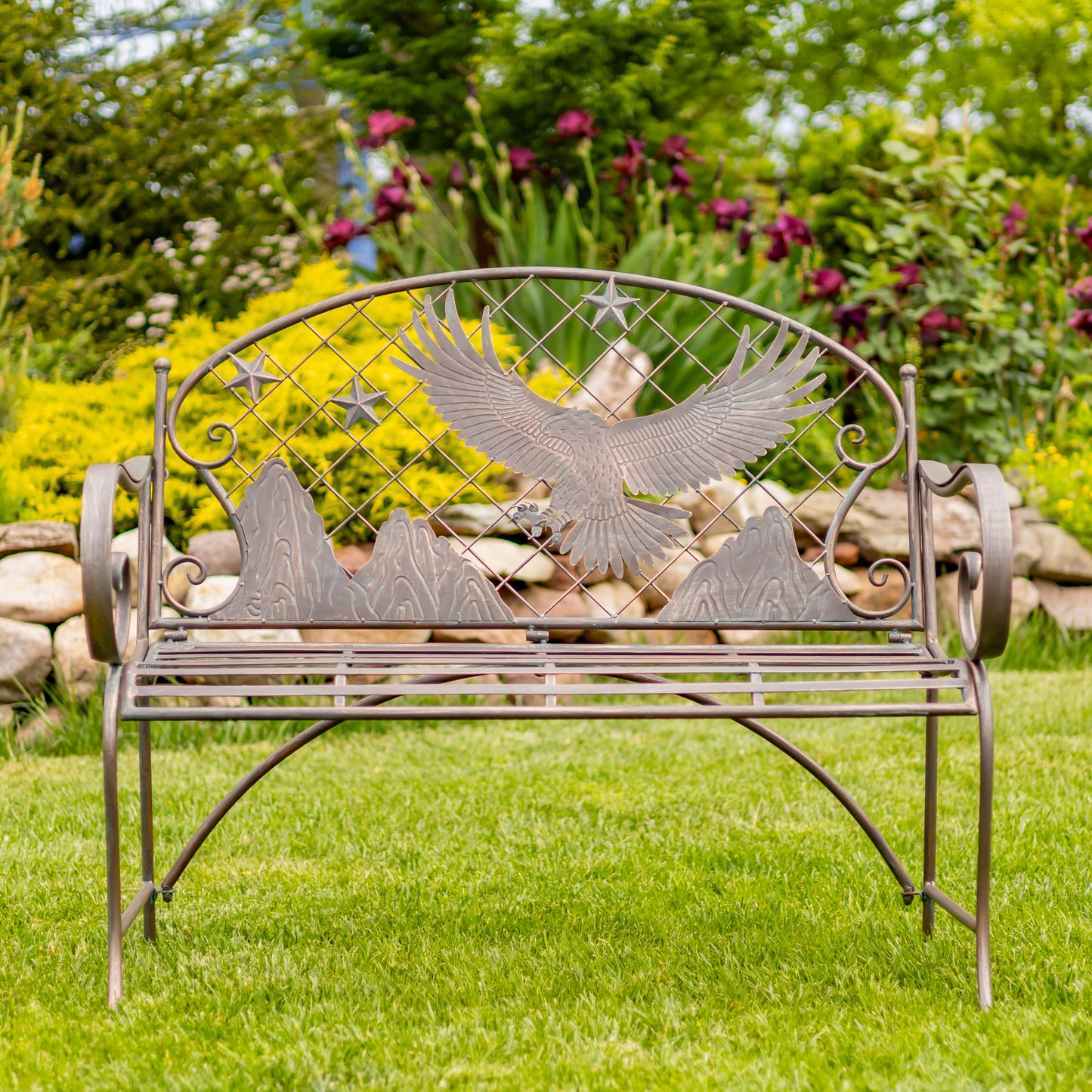 Klamath Iron Garden Bench with Bald Eagle Backrest – Antique Bronze