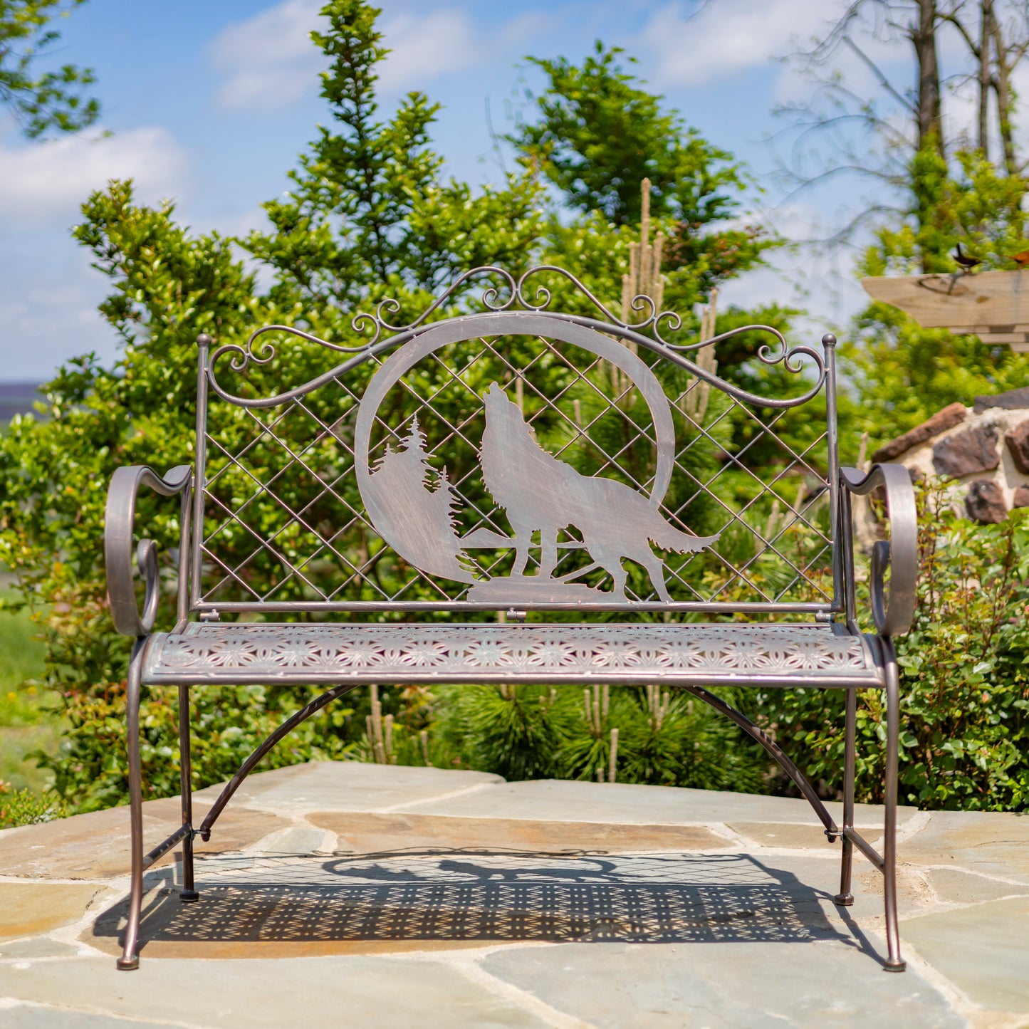 Classic Iron Garden Bench with Howling Wolf & Moon – “Gunnison”