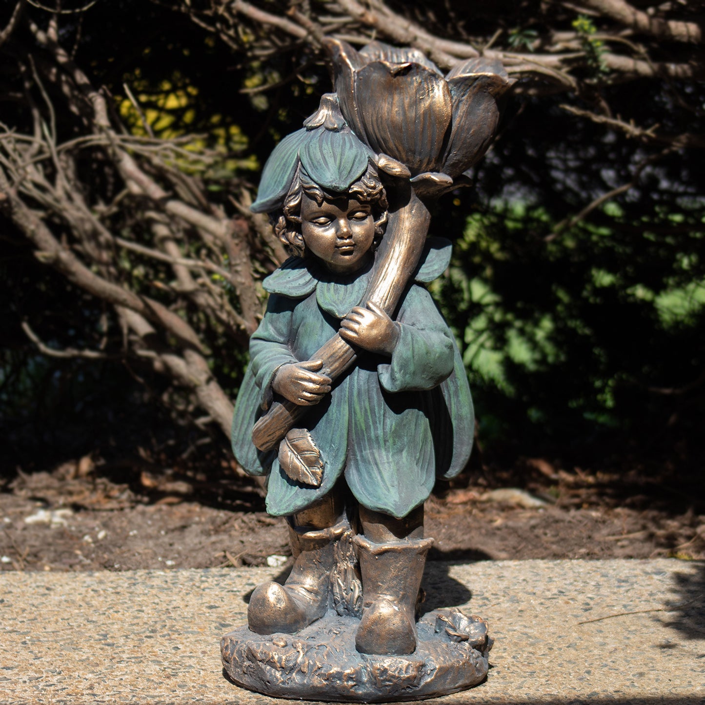 Tato Fairy Garden Statue with Flower – 27.5" Bronze Whimsical Garden Decor