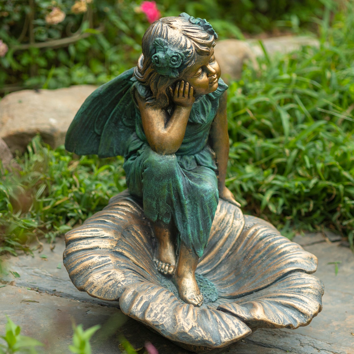 Gardenia Fairy Garden Statue Birdbath – 20" Bronze Fairy Garden Decor