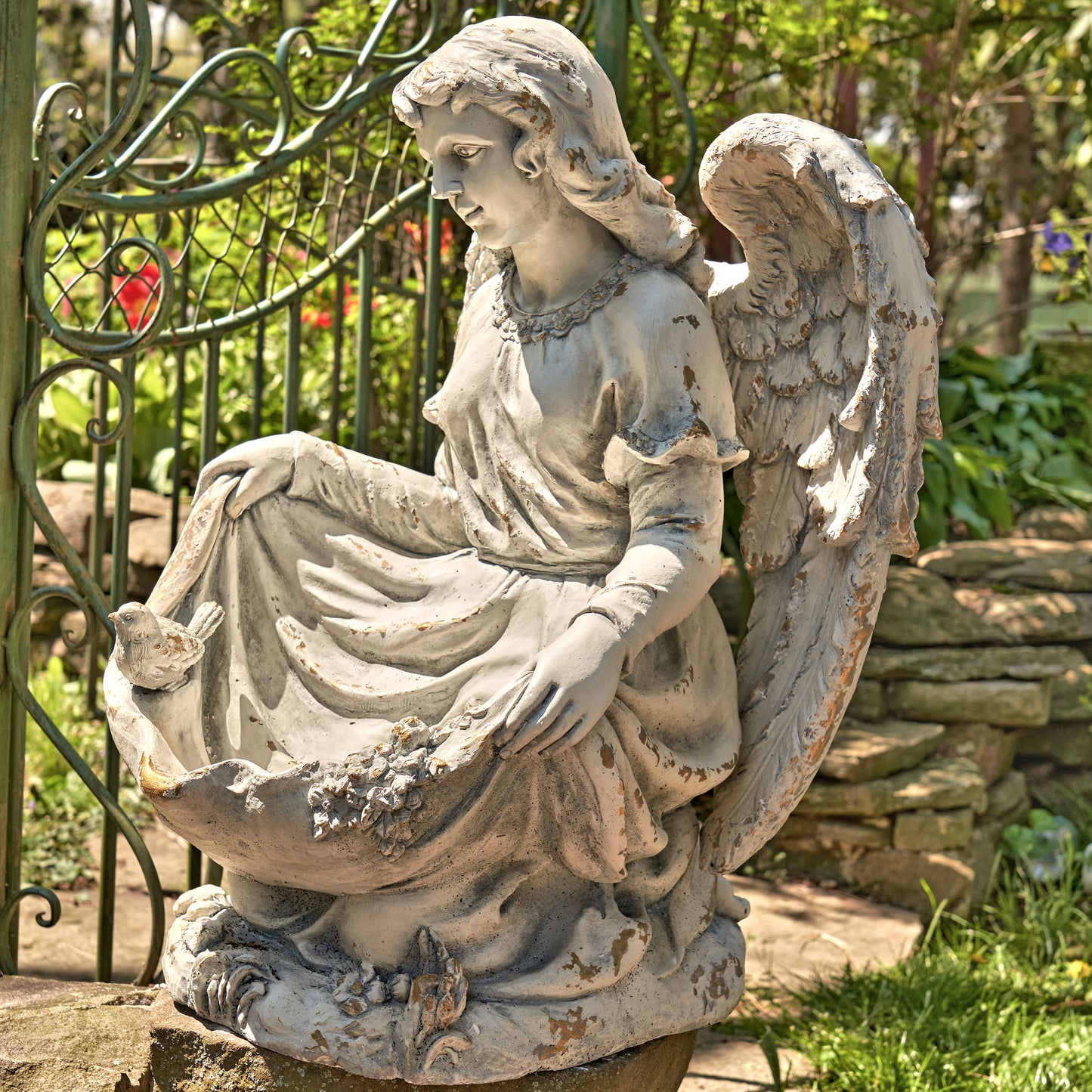 Cassiel 24" Sitting Angel Child Garden Statue with Birds