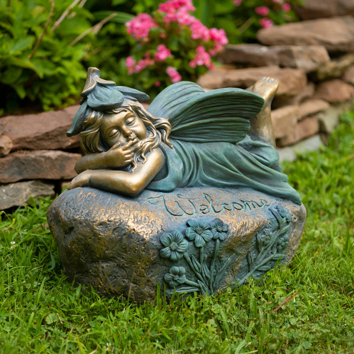 Fern Lying Fairy Garden Statue – 20" Bronze Outdoor Fairy Decor