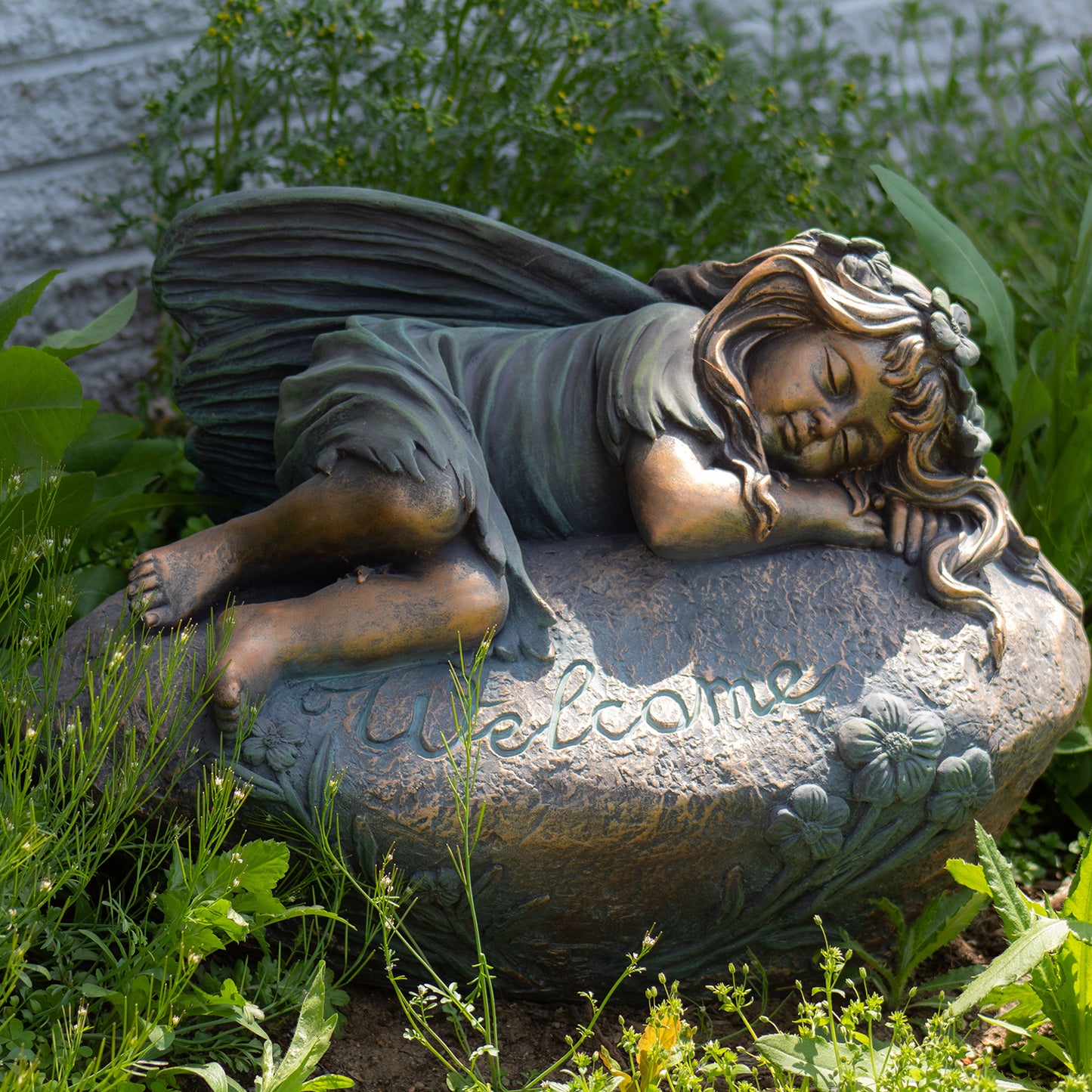 Ivy Sleeping Fairy Garden Statue – 20" Bronze Welcome Garden Decor