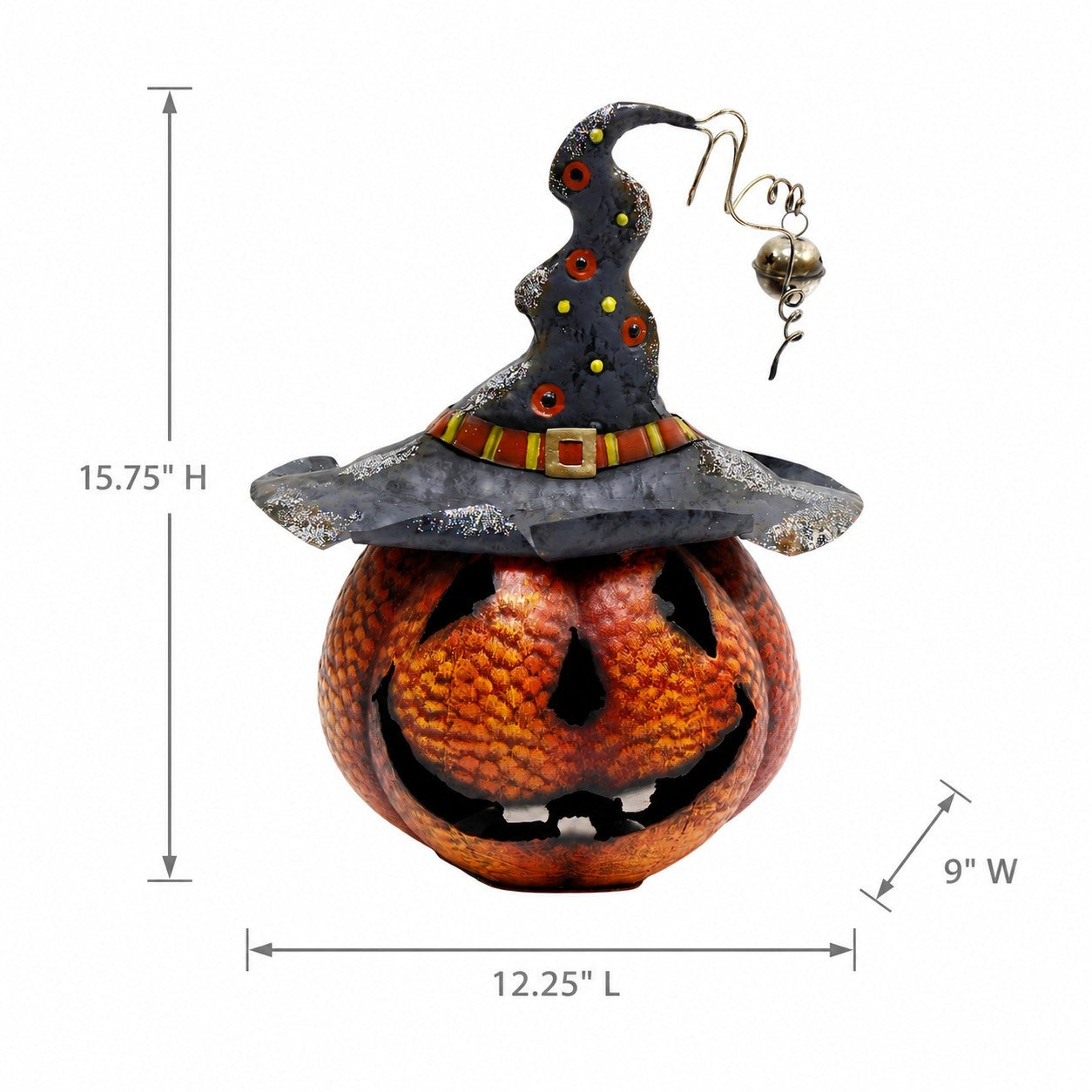 A Halloween decoration featuring a carved orange pumpkin with a dark gray witch hat and a small hanging bell, shown with dimension lines indicating 15.75 inches high, 12.
