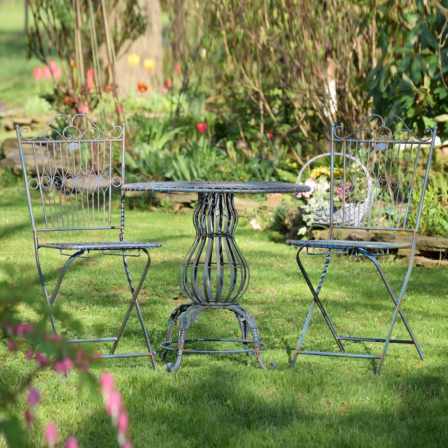 Three Piece Metal Bistro Set with 2 Folding Chairs and Round Table in Cobalt Blue