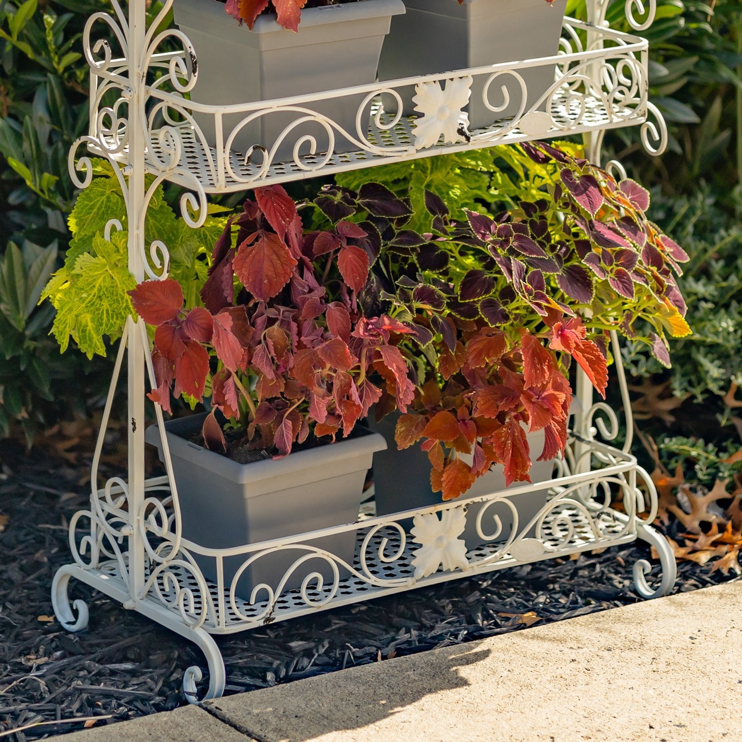 Two-Tier Antique White Metal Plant Stand "Paris 1968" – Decorative Indoor & Outdoor Display Shelf