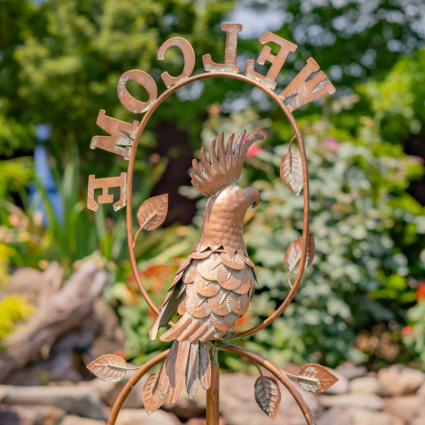 "Welcome" Garden Stake with Cockatoo & Dangling Bells, 54.5"