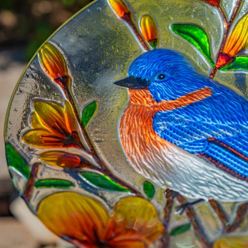 Idaho 18" Hand-Painted Glass Bluebird Birdbath with Metal Stand