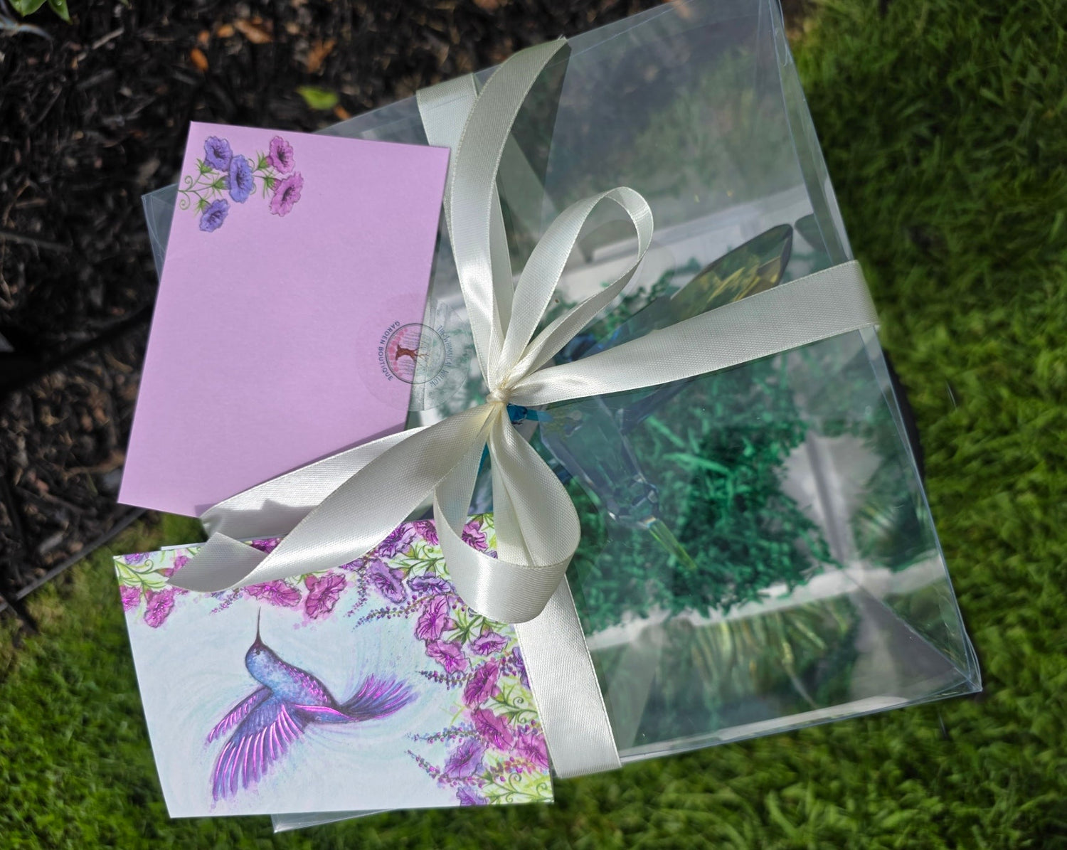 Hummingbird gift in clear acrylic gift box with card