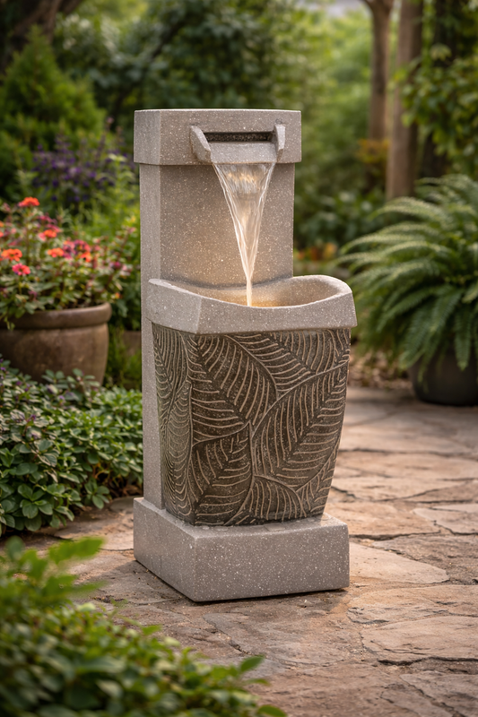 Decorative outdoor water fountain with leaf patterns in a garden setting