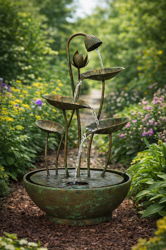 Garden fountain with multiple tiers in a lush garden setting