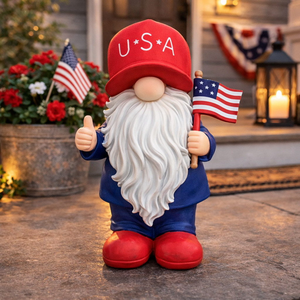 Gnome figurine wearing a 'USA' hat and holding an American flag, standing outdoors.