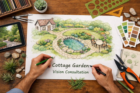 Person drawing a garden plan on paper with tools and materials around