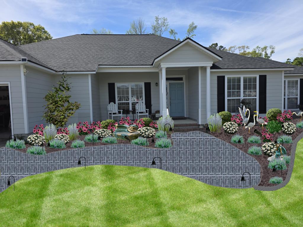 Simplified 3D model of a house with a front yard landscape featuring flowers and a patio.
