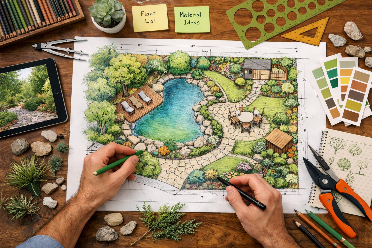 Garden design layout with hands holding pens, tablet, and materials on a wooden table.