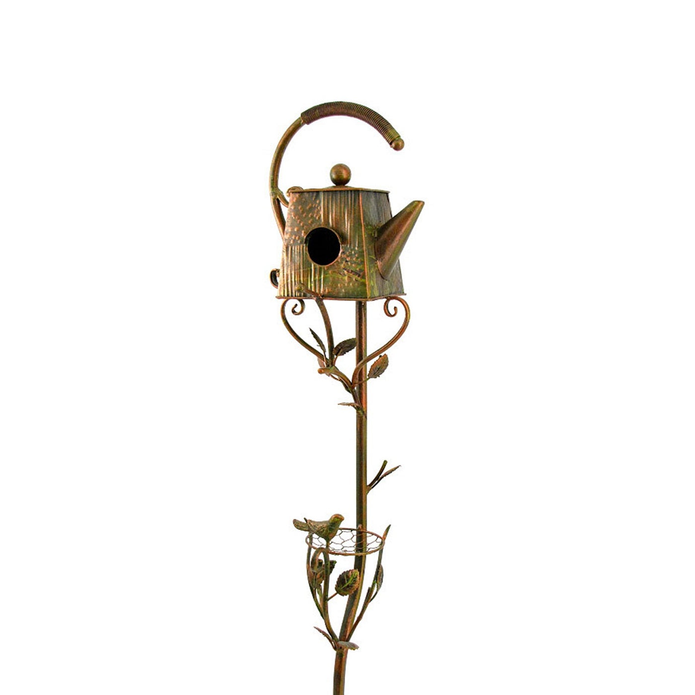 Decorative metal birdhouse shaped like a teapot on a white background