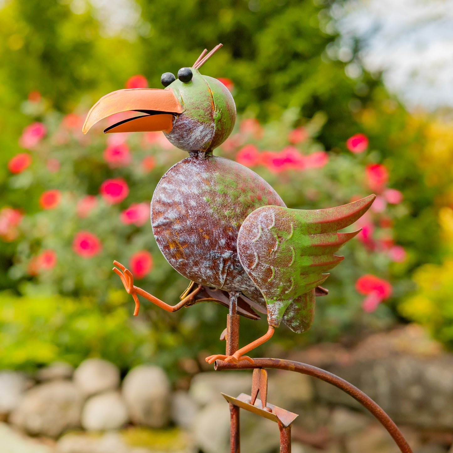 Metal Parrot Rocking Garden Stake – 55" Tall Whimsical Outdoor Yard Decor – “Pebbles”.