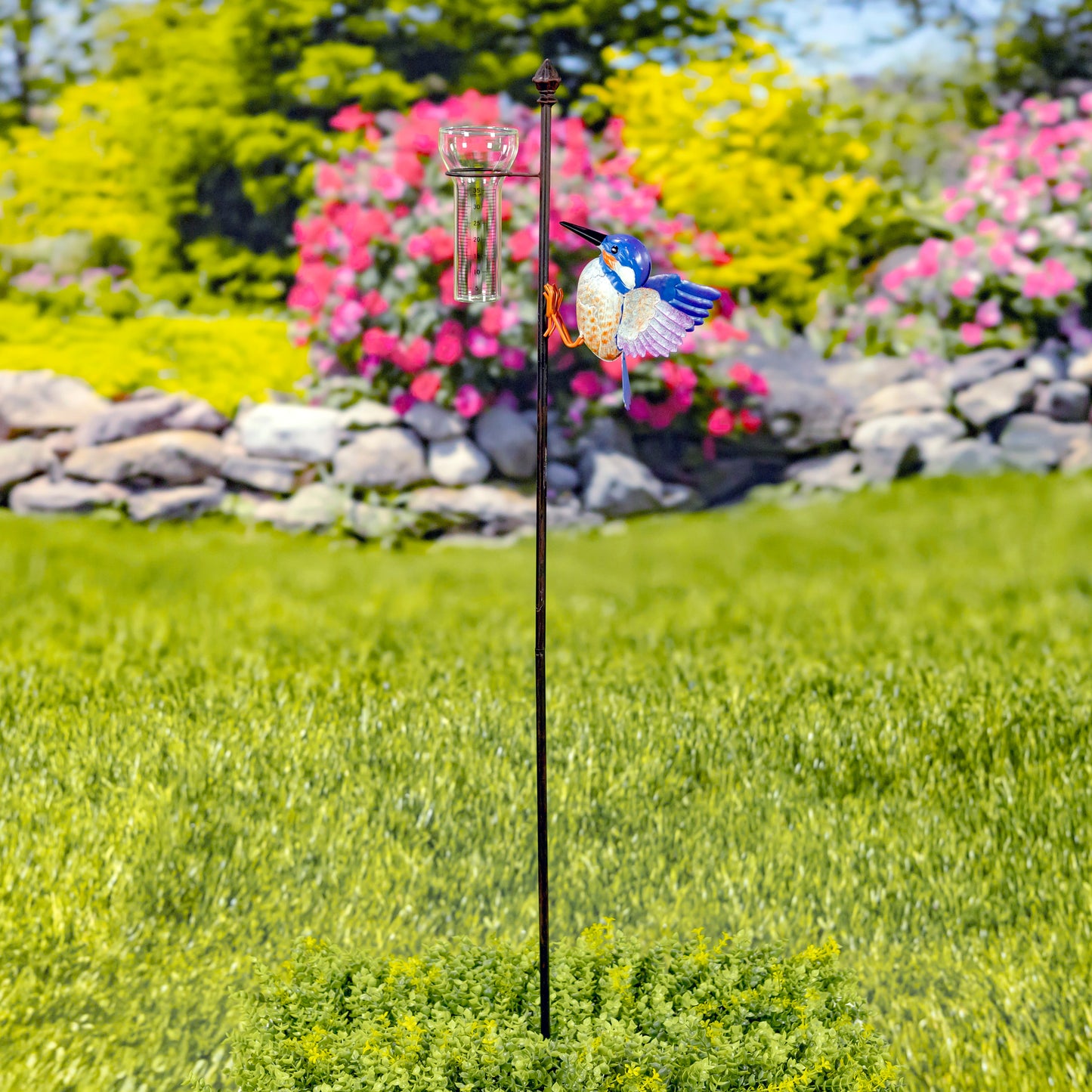 Metal Hummingbird Rain Gauge Garden Stake – 46.75" Tall Outdoor Yard Decor – Skye