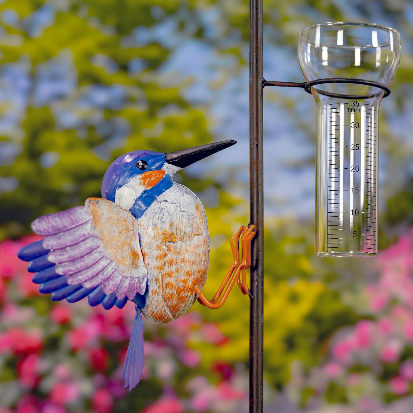 Metal Hummingbird Rain Gauge Garden Stake – 46.75" Tall Outdoor Yard Decor – Skye