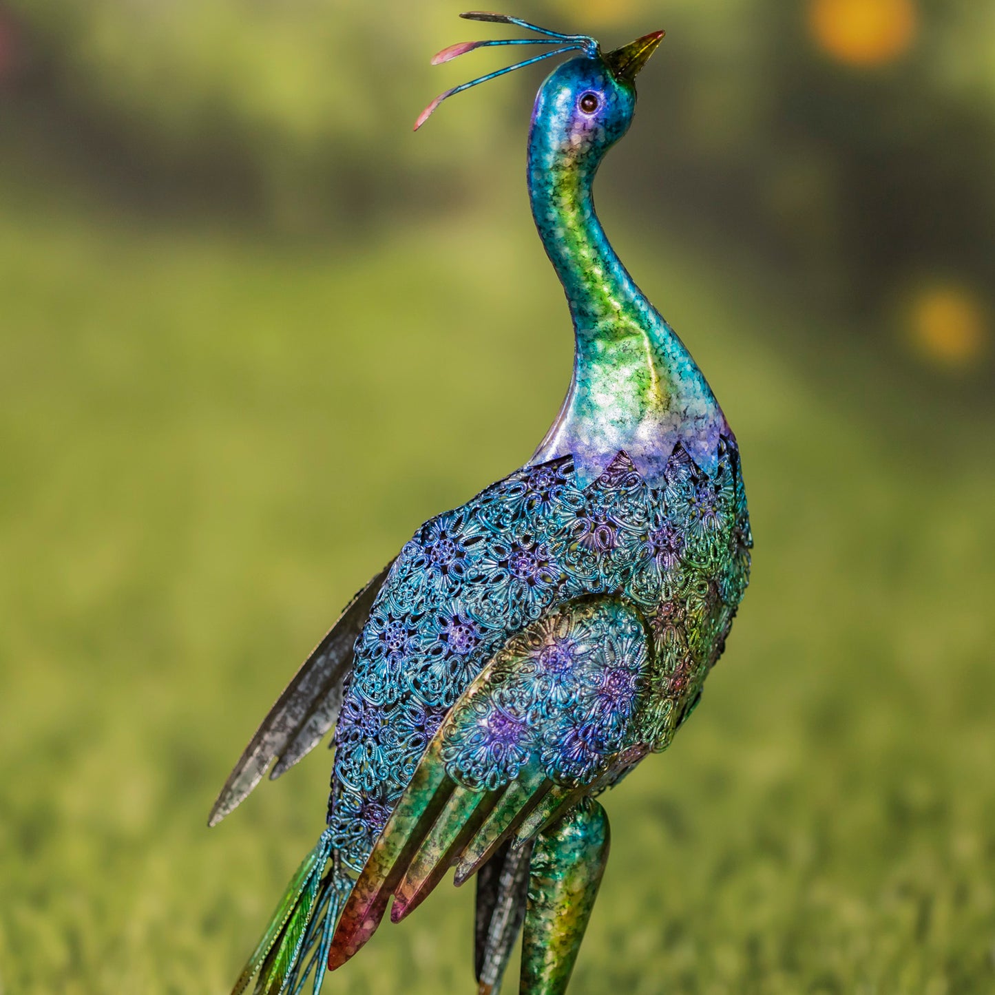 Set of 2 35” Colorful Iron Peacocks – Metallic Garden Sculptures