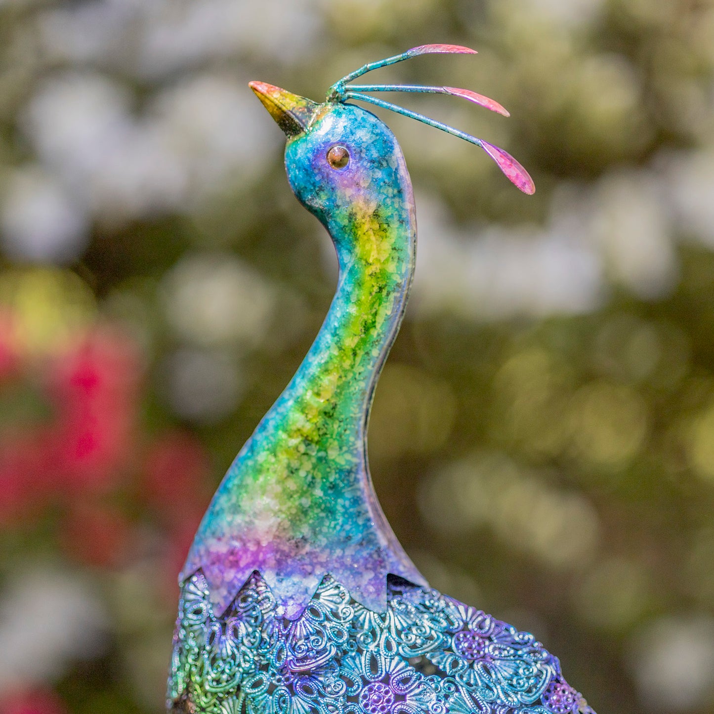 Set of 2 35” Colorful Iron Peacocks – Metallic Garden Sculptures