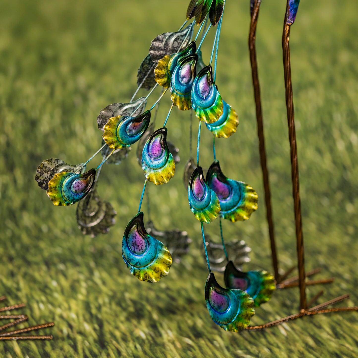 Set of 2 35” Colorful Iron Peacocks – Metallic Garden Sculptures