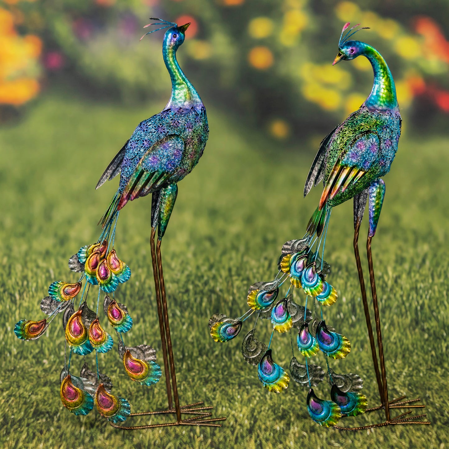 Set of 2 35” Colorful Iron Peacocks – Metallic Garden Sculptures