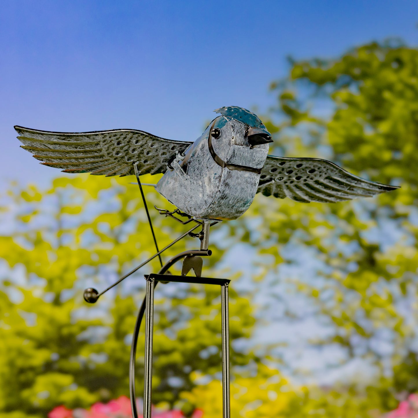 Metal Blue Jay Swing Garden Stake – 61" Tall Kinetic Flying Bird Yard Decor