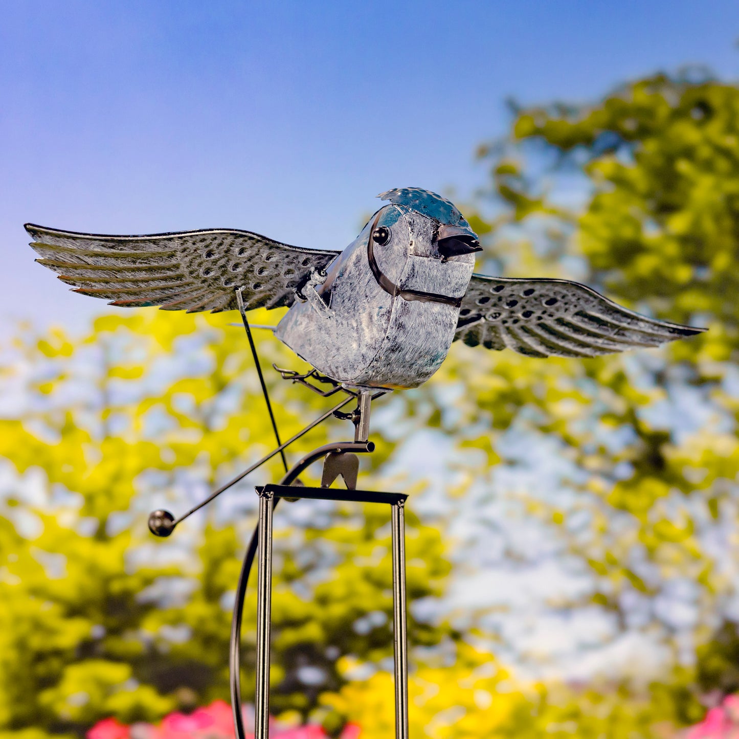 Metal Blue Jay Swing Garden Stake – 61" Tall Kinetic Flying Bird Yard Decor