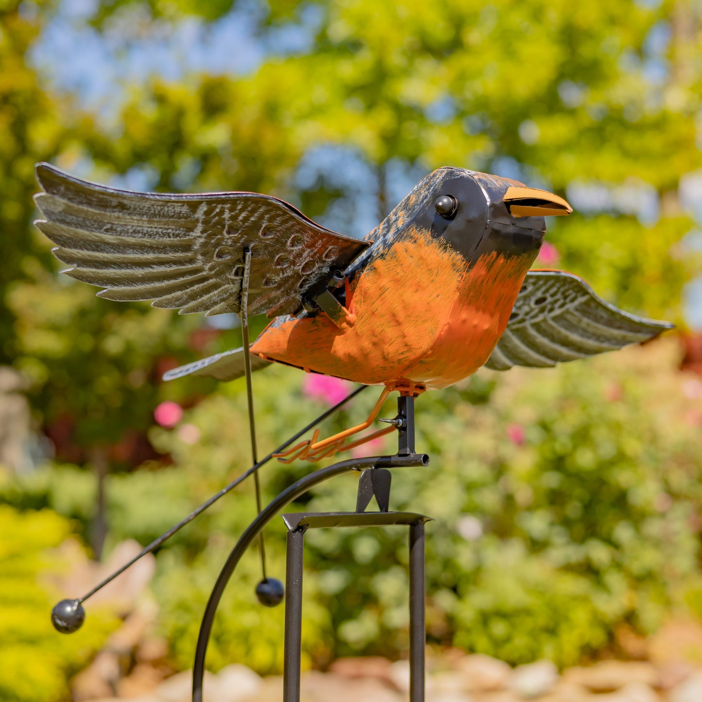 Metal Robin Swing Garden Stake – 59.5" Tall Kinetic Flying Bird Yard Decor