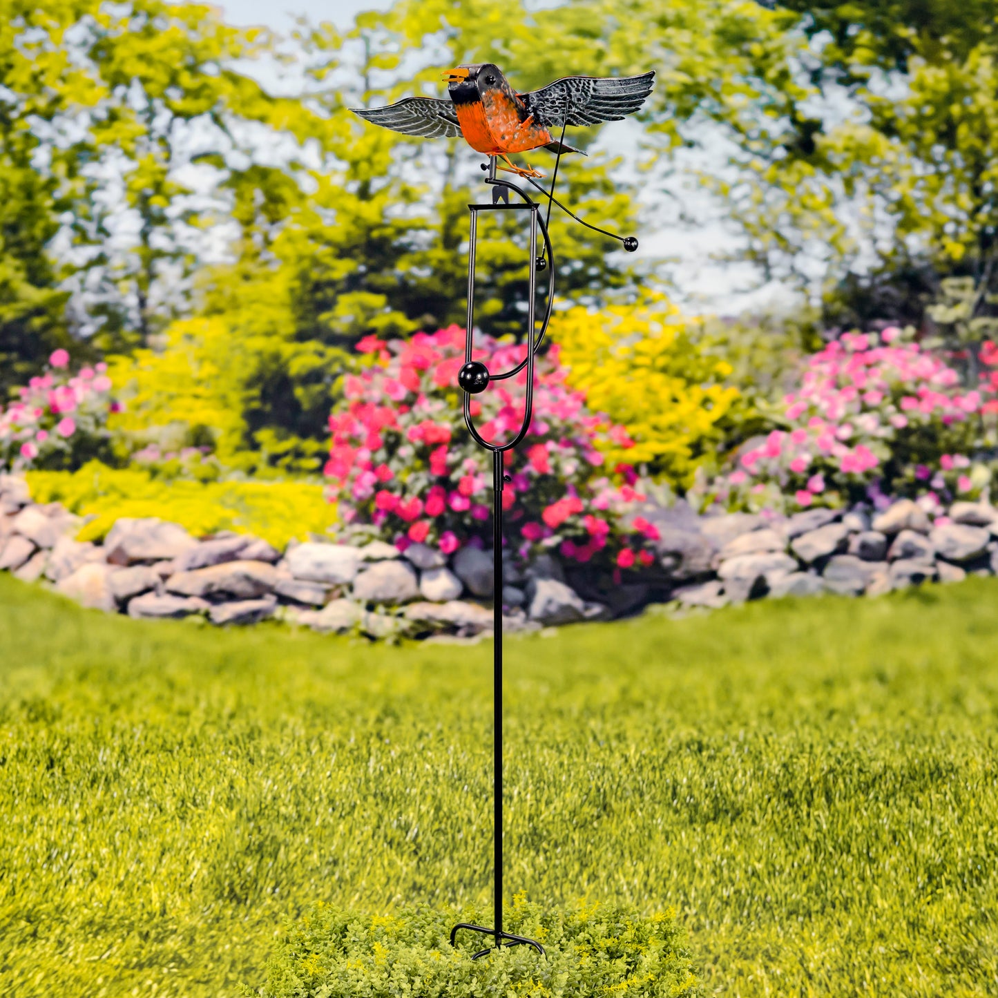 Metal Robin Swing Garden Stake – 59.5" Tall Kinetic Flying Bird Yard Decor
