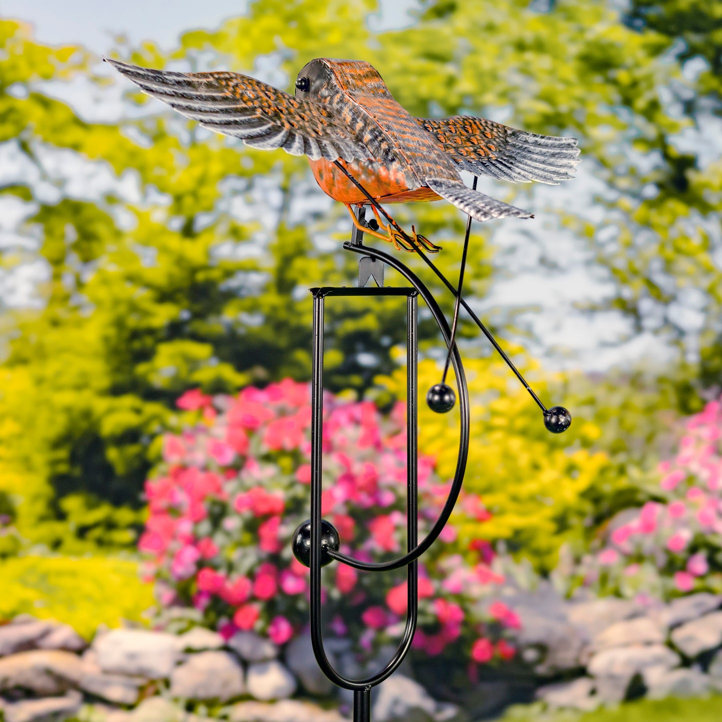 Metal Robin Swing Garden Stake – 59.5" Tall Kinetic Flying Bird Yard Decor