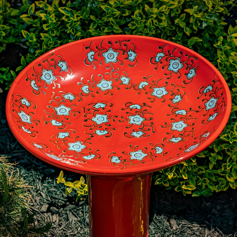 24” Red Porcelain Birdbath with Hand-Painted Blue Flowers – Alice