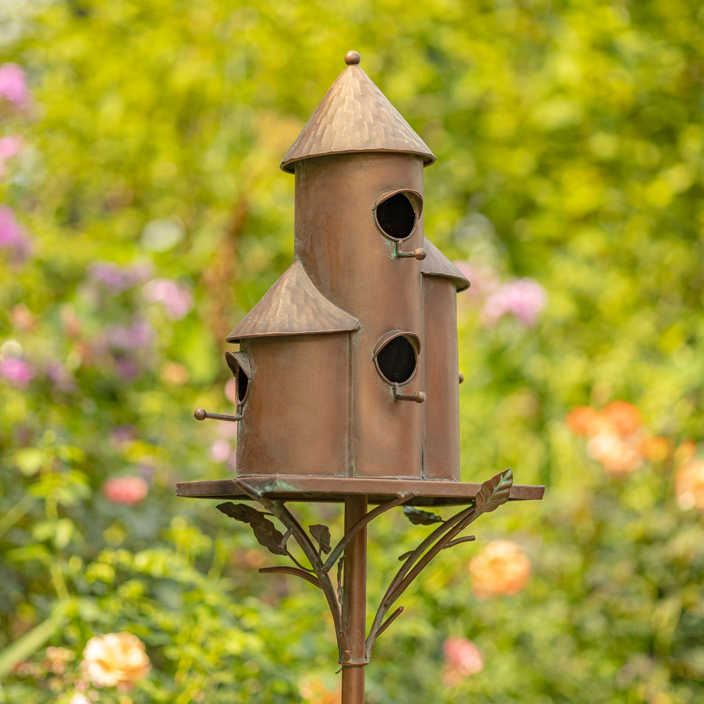 73.5” Tall Triple Cylinder Copper Birdhouse Garden Stake