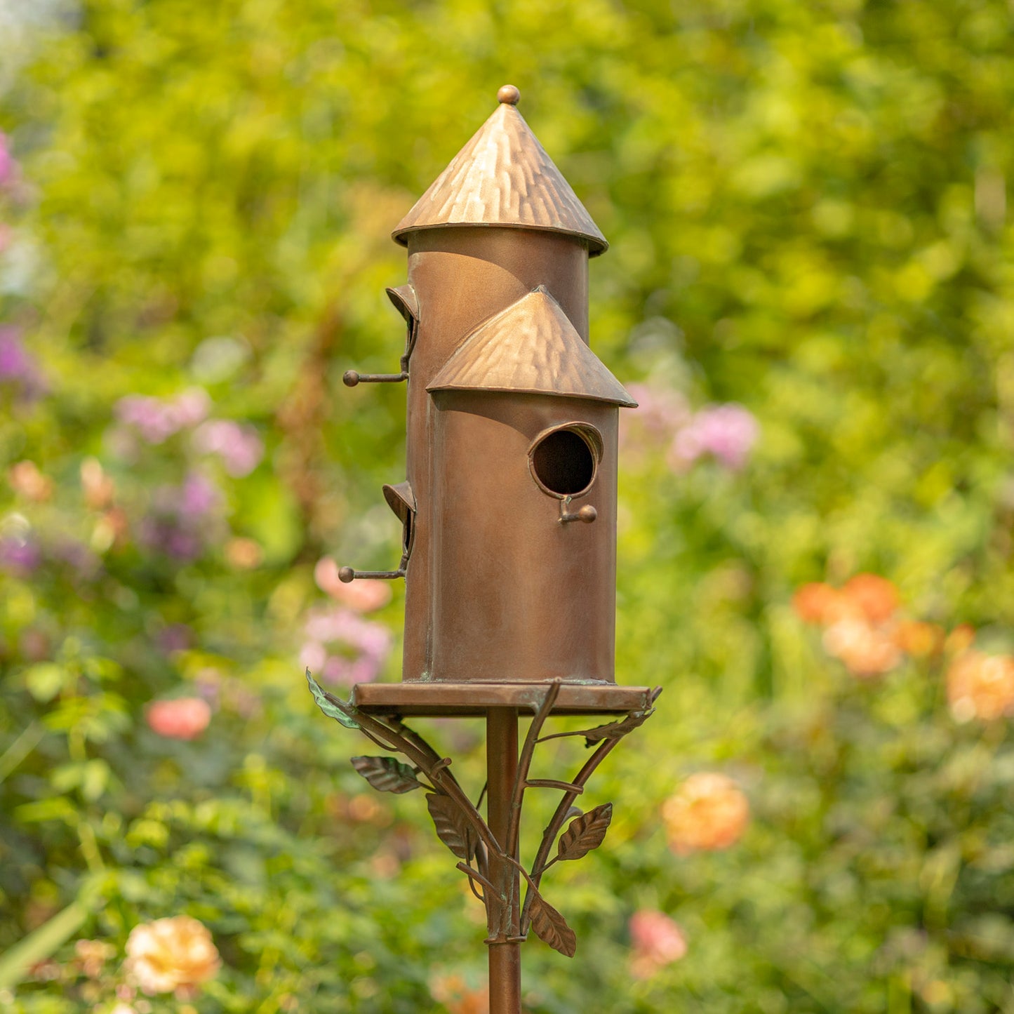 73.5” Tall Triple Cylinder Copper Birdhouse Garden Stake