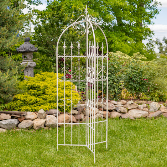 7.7 Ft Iron Garden Trellis with Fleur-de-Lis – Antique White "Paris 1968"