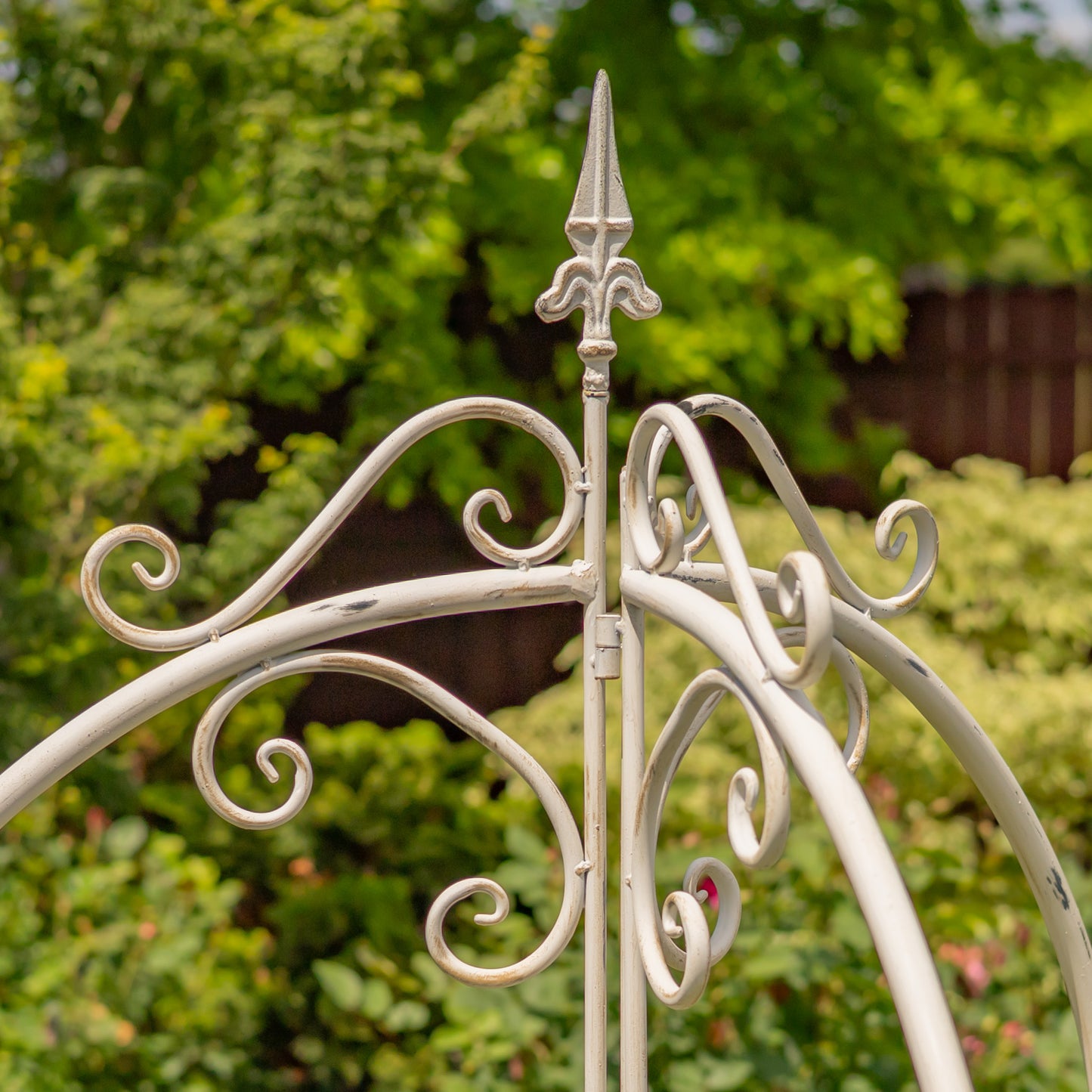 7.7 Ft Iron Garden Trellis with Fleur-de-Lis – Antique White "Paris 1968"