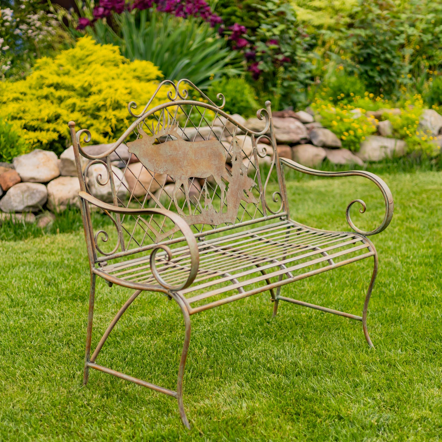 Classic Iron Garden Bench with Moose & Evergreen Silhouette – “The Highlands”