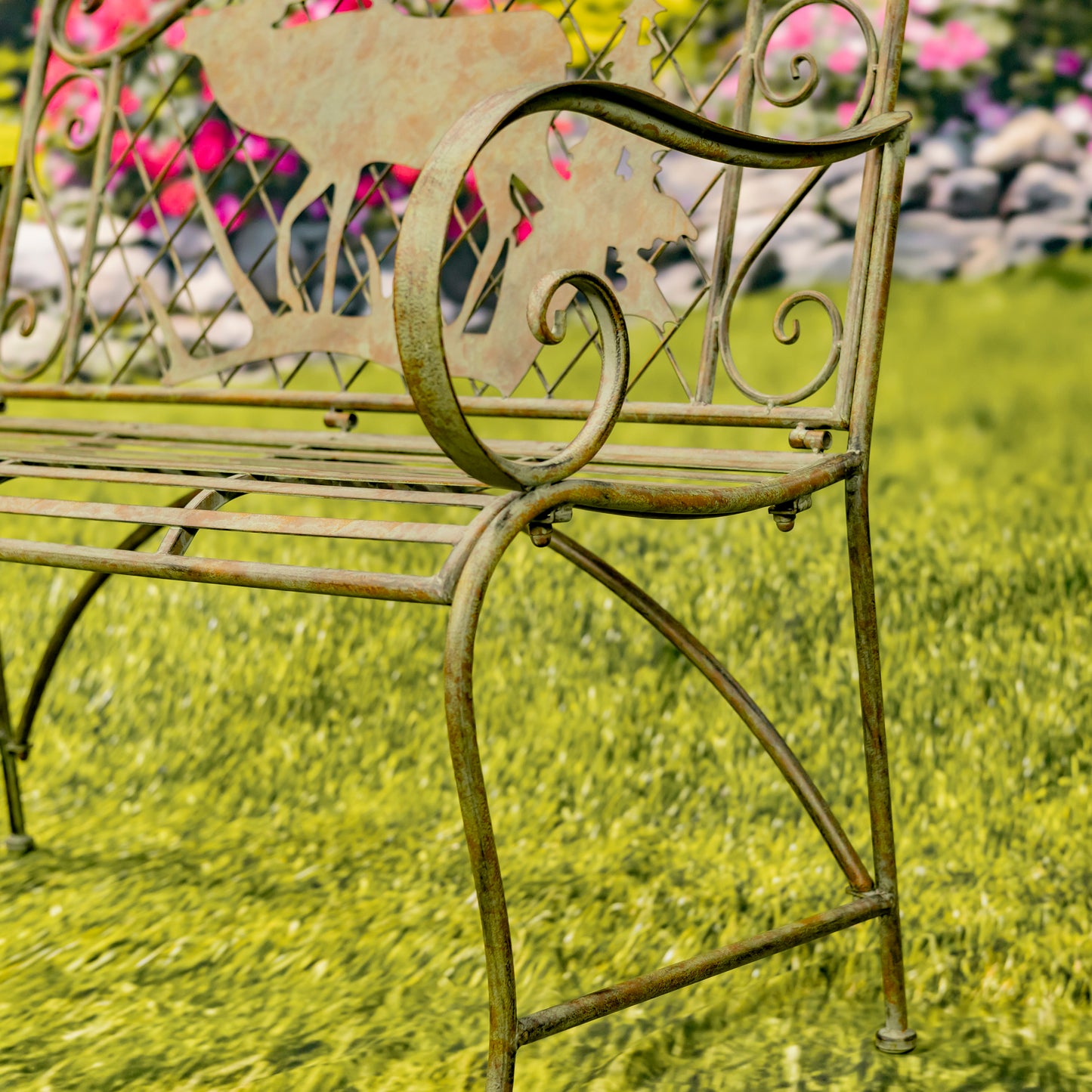 Classic Iron Garden Bench with Moose & Evergreen Silhouette – “The Highlands”