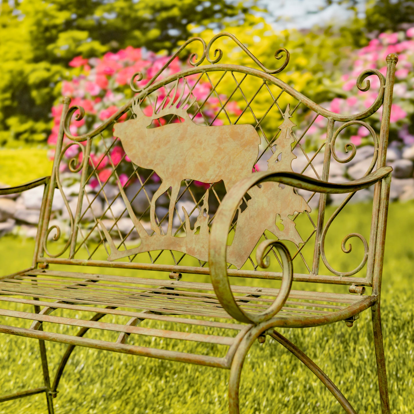 Classic Iron Garden Bench with Moose & Evergreen Silhouette – “The Highlands”