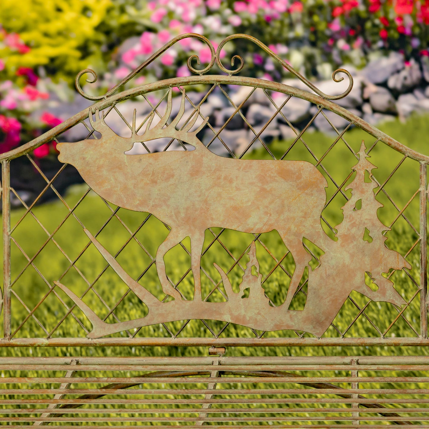 Classic Iron Garden Bench with Moose & Evergreen Silhouette – “The Highlands”