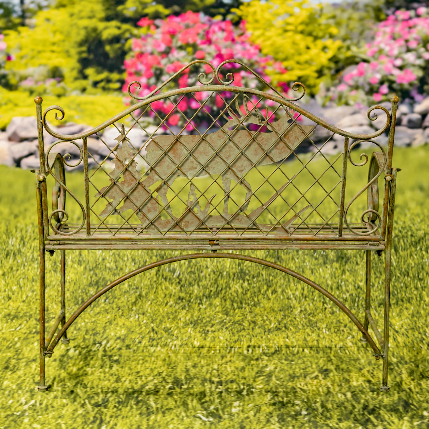 Classic Iron Garden Bench with Moose & Evergreen Silhouette – “The Highlands”
