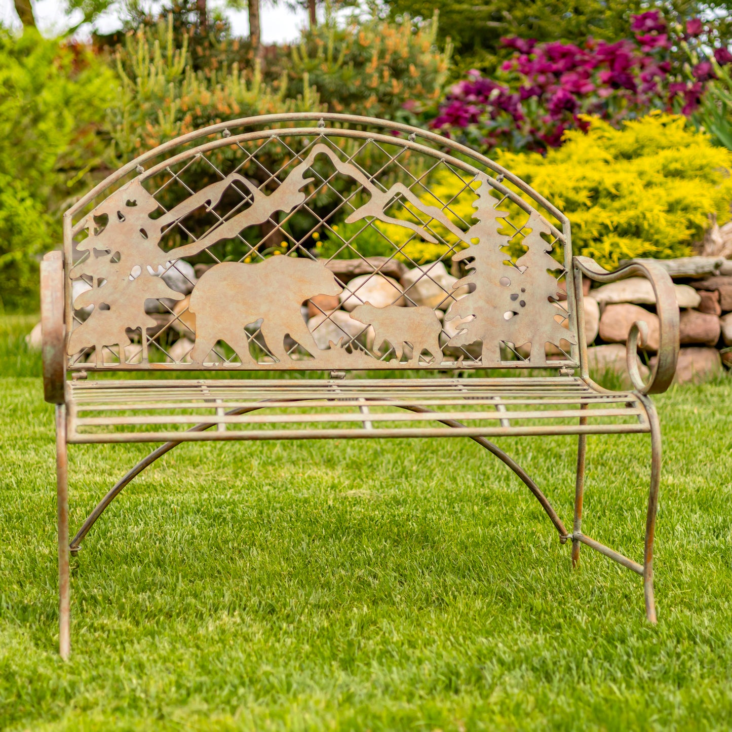 Round Top Iron Garden Bench with Grizzly Bear & Mountain Silhouette – “Yellowstone”