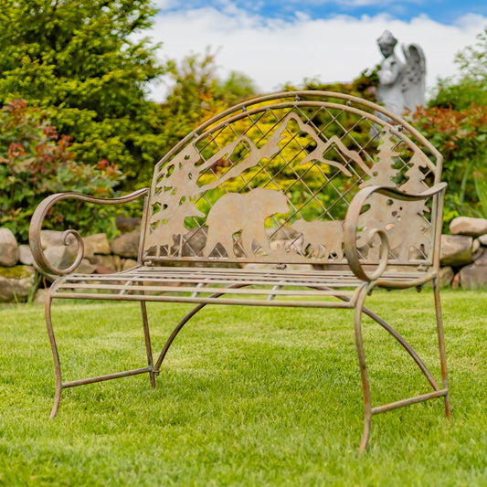 Round Top Iron Garden Bench with Grizzly Bear & Mountain Silhouette – “Yellowstone”