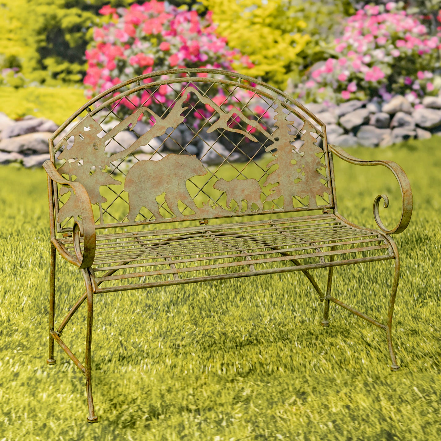 Round Top Iron Garden Bench with Grizzly Bear & Mountain Silhouette – “Yellowstone”