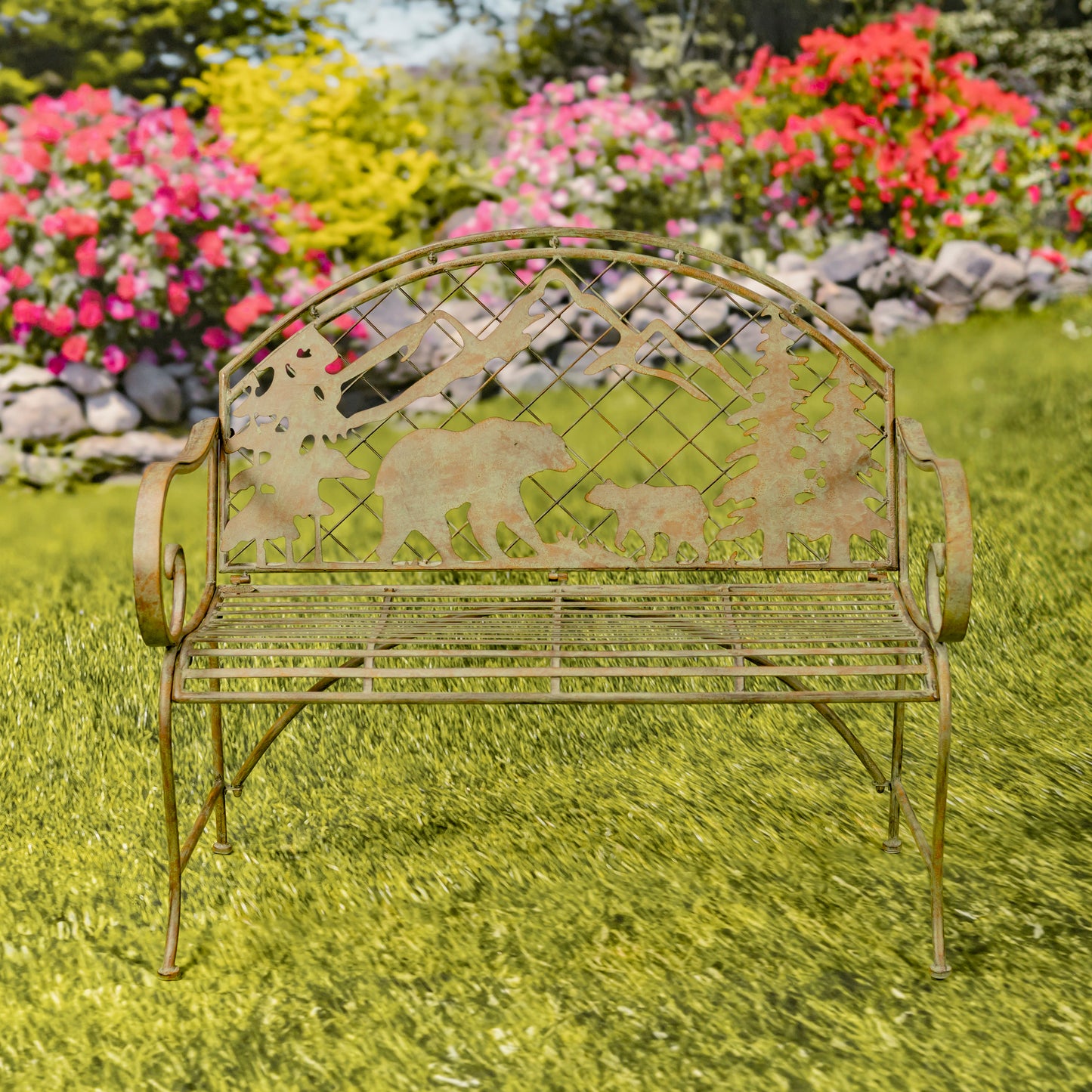 Round Top Iron Garden Bench with Grizzly Bear & Mountain Silhouette – “Yellowstone”