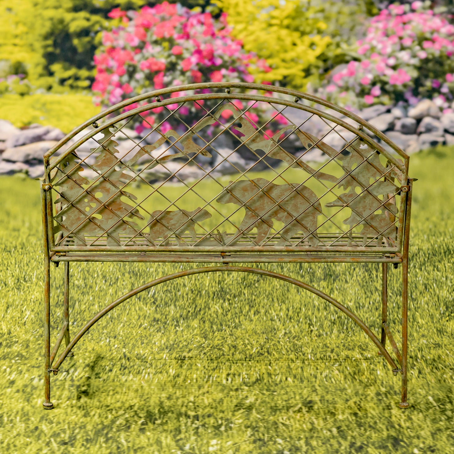 Round Top Iron Garden Bench with Grizzly Bear & Mountain Silhouette – “Yellowstone”