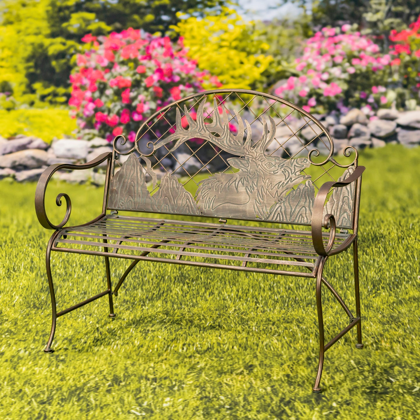 Round Top Iron Garden Bench with Caribou Backrest – “Selkirk”